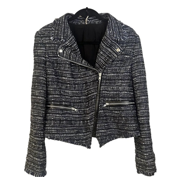 Free People Jackets & Blazers - Free People Nicole Tweed Short Boho Moto‎ Zipper Fall Jacket Black Blue Medium